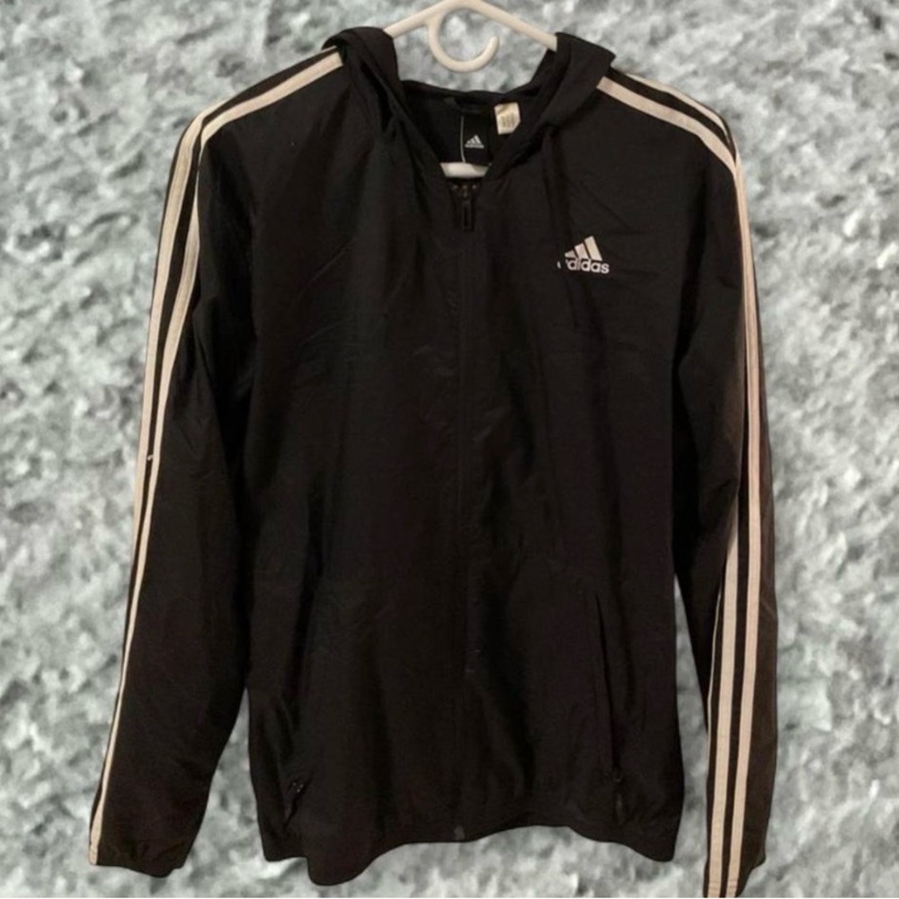 adidas Black Hoodie with White Stripe Accents
